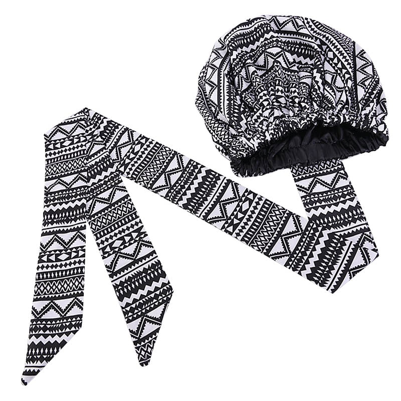 African  Women Night Sleep Cap Long Ribbon Headwrap Double Layer Headscarf Big Size Adult Hair Cover