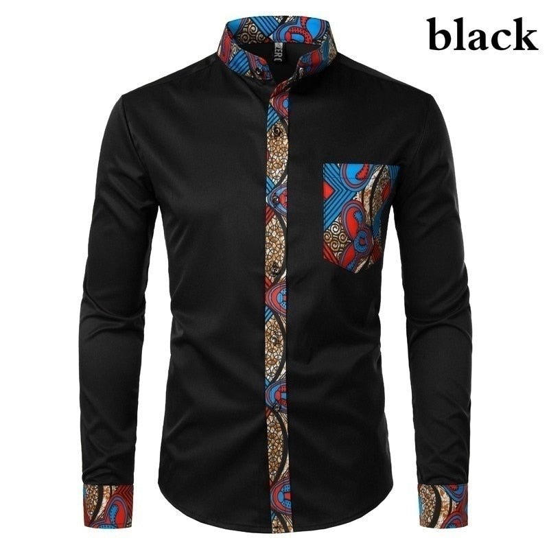 African Mens Shirt  Print long Sleeve Design Collar Mens Dress Shirts