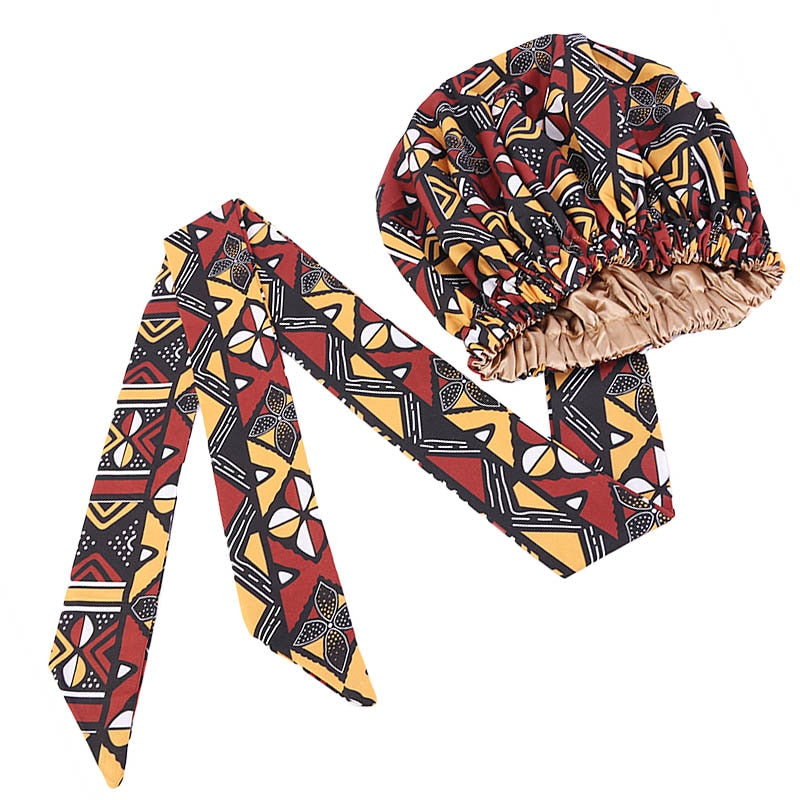 African  Women Night Sleep Cap Long Ribbon Headwrap Double Layer Headscarf Big Size Adult Hair Cover