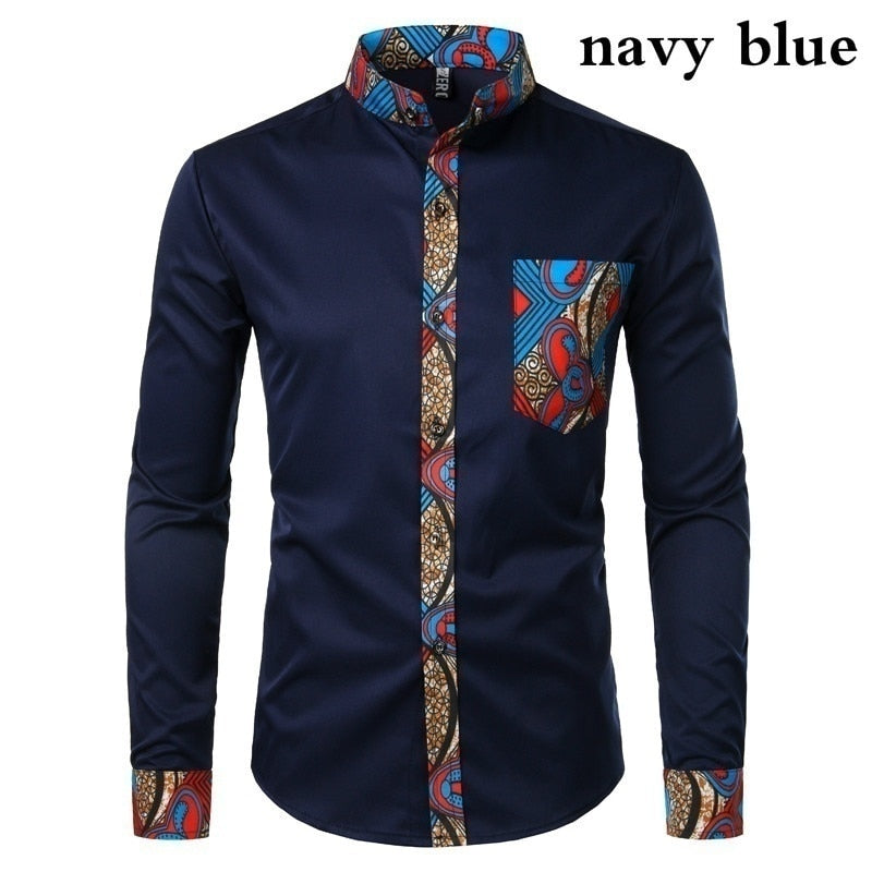 African Mens Shirt  Print long Sleeve Design Collar Mens Dress Shirts