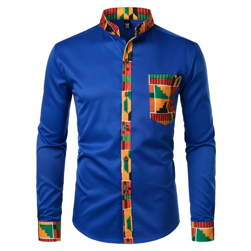 African Mens Shirt  Print long Sleeve Design Collar Mens Dress Shirts