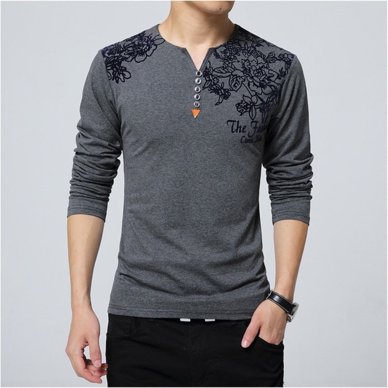 2023 Autumn Fashion  Men T-shirt Henry Collar Button Decorate Long Sleeve