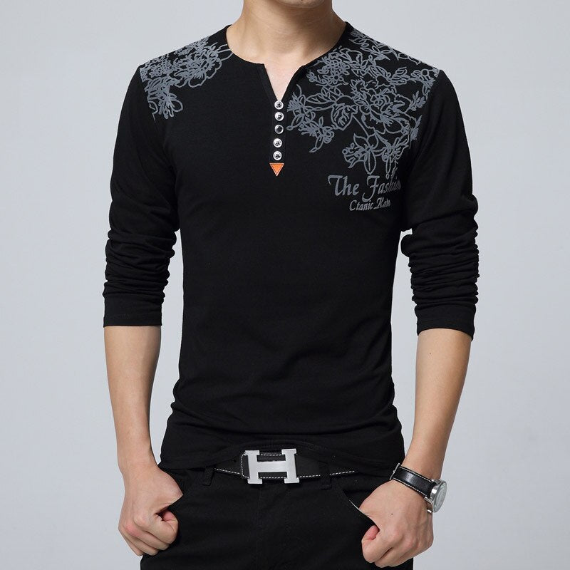 2023 Autumn Fashion  Men T-shirt Henry Collar Button Decorate Long Sleeve