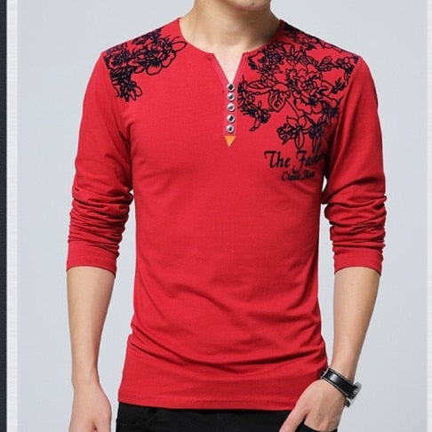 2023 Autumn Fashion  Men T-shirt Henry Collar Button Decorate Long Sleeve