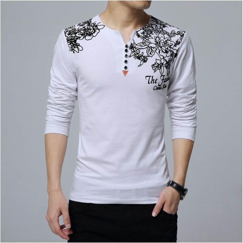 2023 Autumn Fashion  Men T-shirt Henry Collar Button Decorate Long Sleeve