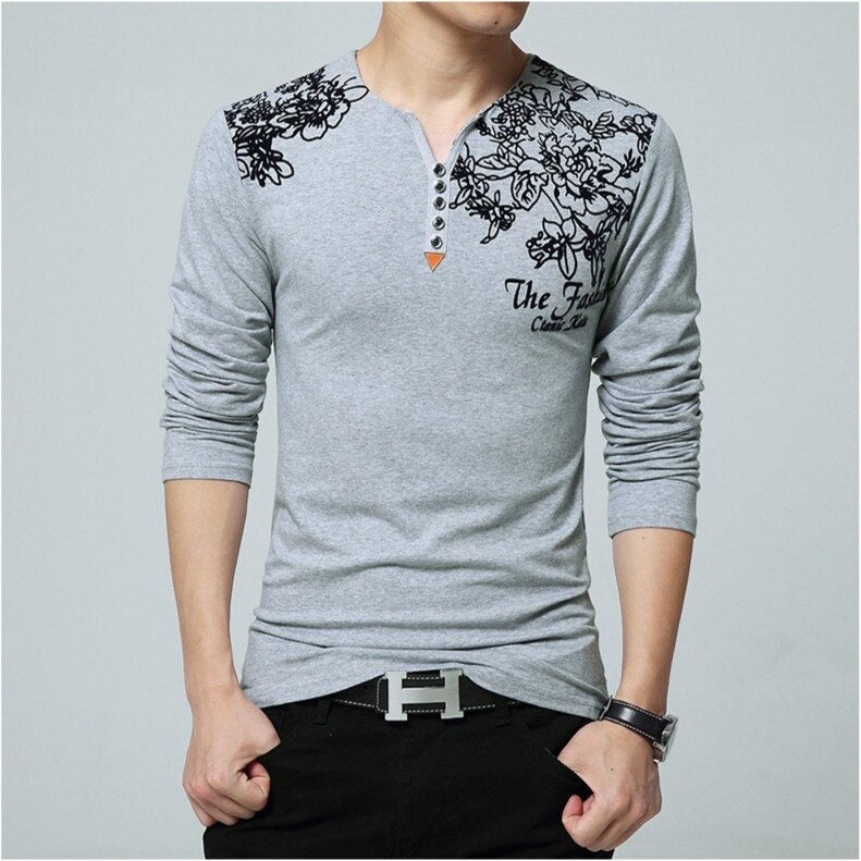 2023 Autumn Fashion  Men T-shirt Henry Collar Button Decorate Long Sleeve