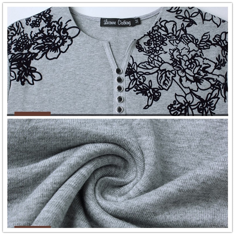 2023 Autumn Fashion  Men T-shirt Henry Collar Button Decorate Long Sleeve