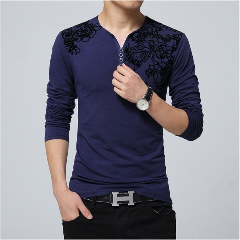 2023 Autumn Fashion  Men T-shirt Henry Collar Button Decorate Long Sleeve