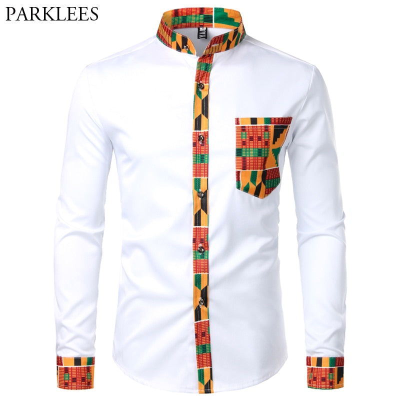 African Mens Shirt  Print long Sleeve Design Collar Mens Dress Shirts