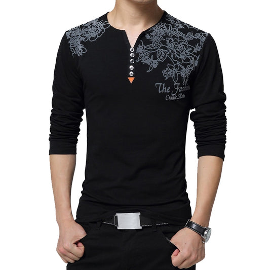 2023 Autumn Fashion  Men T-shirt Henry Collar Button Decorate Long Sleeve