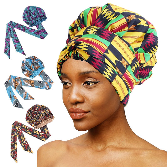 African  Women Night Sleep Cap Long Ribbon Headwrap Double Layer Headscarf Big Size Adult Hair Cover